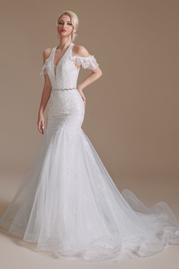 Bmbride Long Elegant Mermaid Halter Tulle Wedding Dress with Floor-Length and Appliques Lace