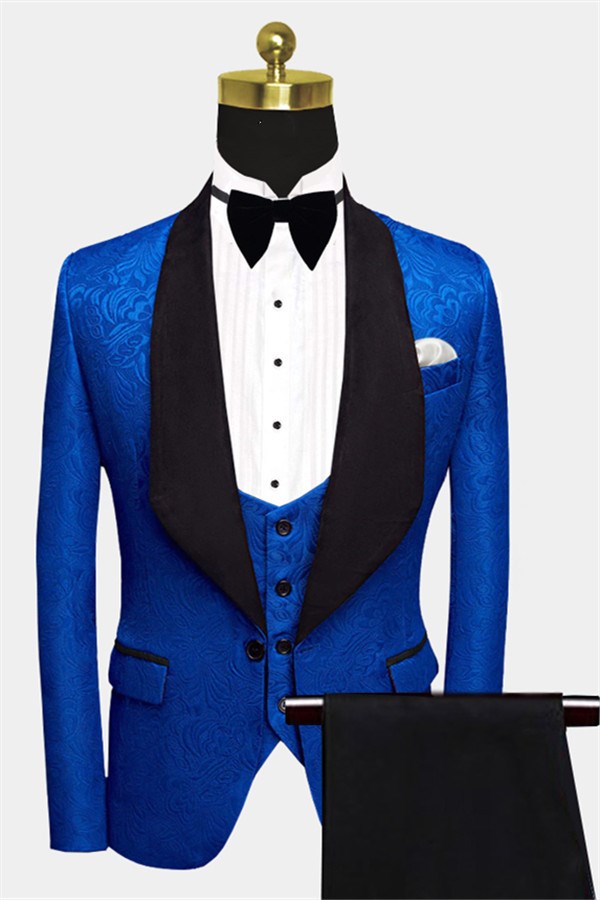 Koscy Royal Blue Floral Jacquard Wedding Suit - Three Pieces for Men