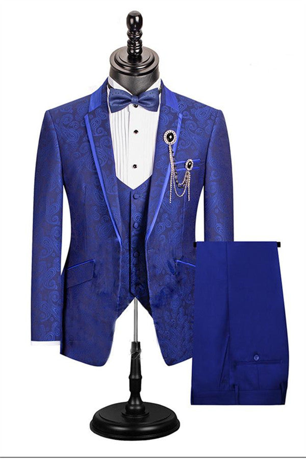 Koscy Royal Blue Single Button Paisley Pattern Dinner Prom Suit, Three Pieces for Men