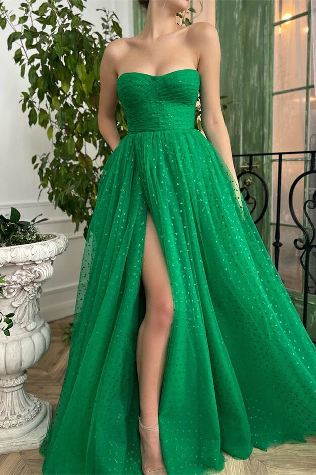 Green Sleeveless Sweetheart Tulle Prom Dress With Split - Glamorous