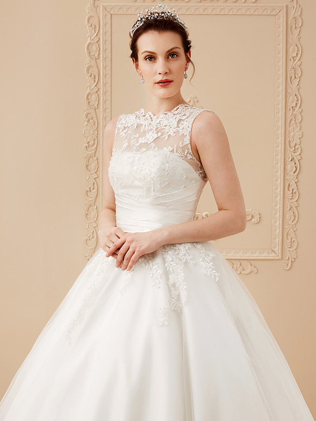 Bmbride A-Line Wedding Dresses High Neck Ankle Length Lace Over Tulle Regular Straps Vintage Little White Dress Illusion