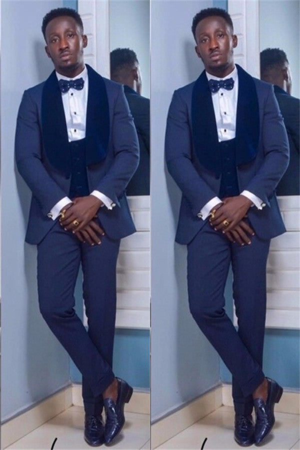 Koscy Modern Dark Navy Shawl Lapel Easy Fit Wedding Suit
