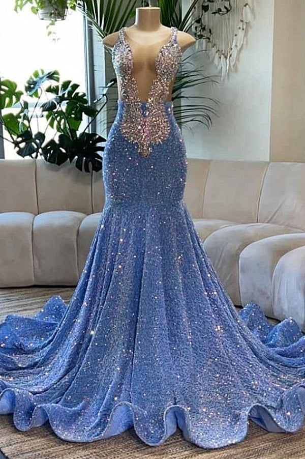 Vestidos formales de sirena con escote en V profundo, lentejuelas y espalda descubierta
