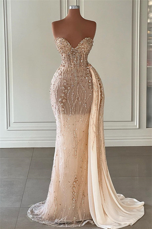 Champagne Sweetheart Sleeveless Evening Dress with Beadings and Ruffles