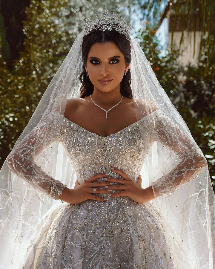 Bmbride Exquisite Sequin Long Sleeve Satin Ball Gown Bridal Dress