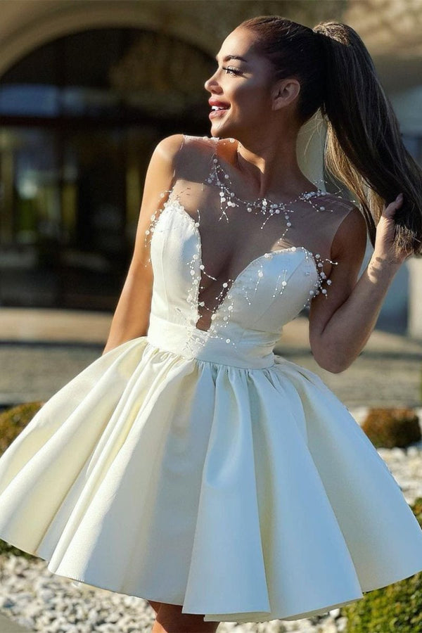 Koscy A-Line Illusion Neck Ivory Short Homecoming Dress with Beads