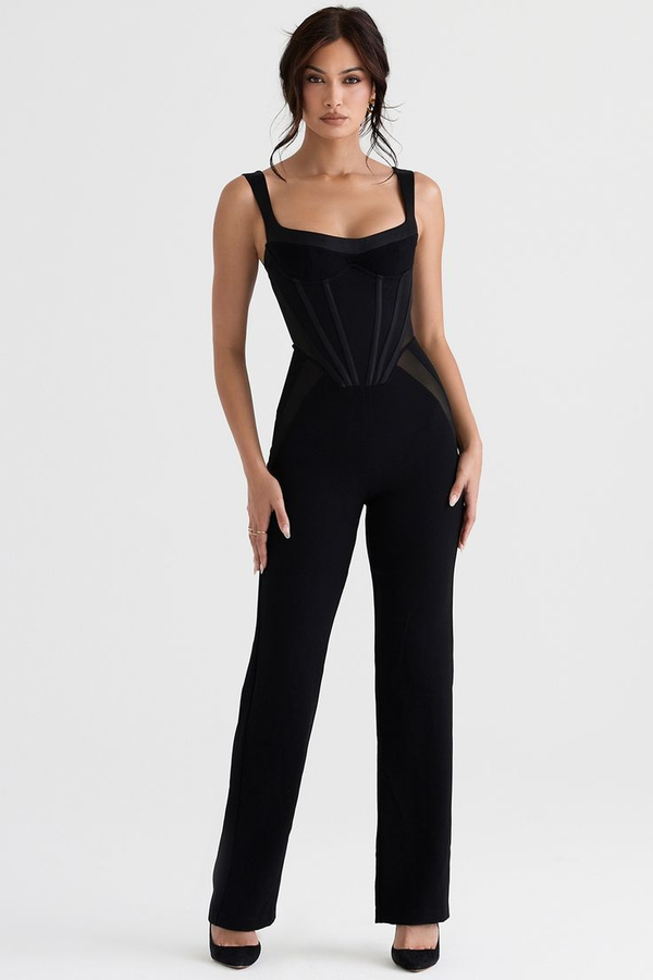 Koscy Casual Square-Neck Black Slim Fit Daily Jump Suit