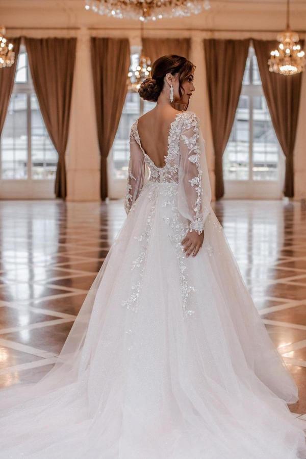 Bmbride V-neck Long Sleeves A-Line Chapel Train Wedding Dress with Appliques