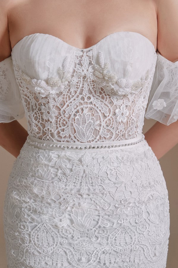 Bmbride Gorgeous Long Mermaid Sweetheart Lace Wedding Dresses with Removable Sleeves