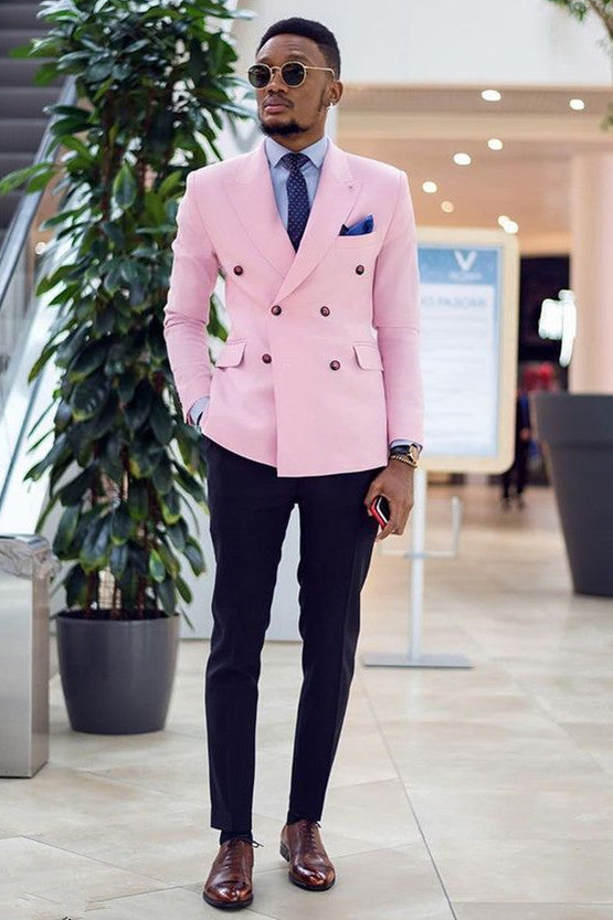 Koscy Simple Double-Breasted Pink Prom Suit with Peaked Lapel
