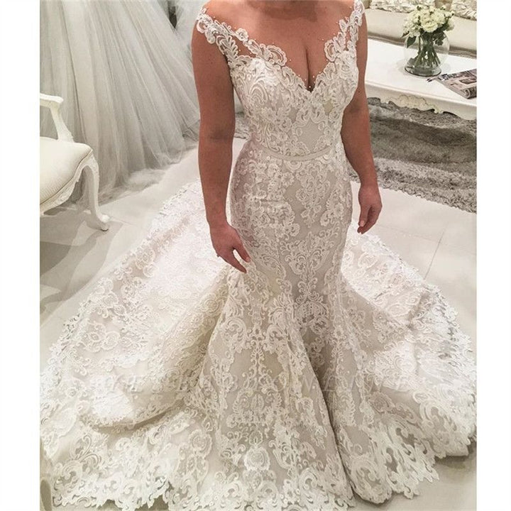 Bmbride Deep V-neck Spaghetti Straps Appliques Lace Floor-length Mermaid Prom Dress