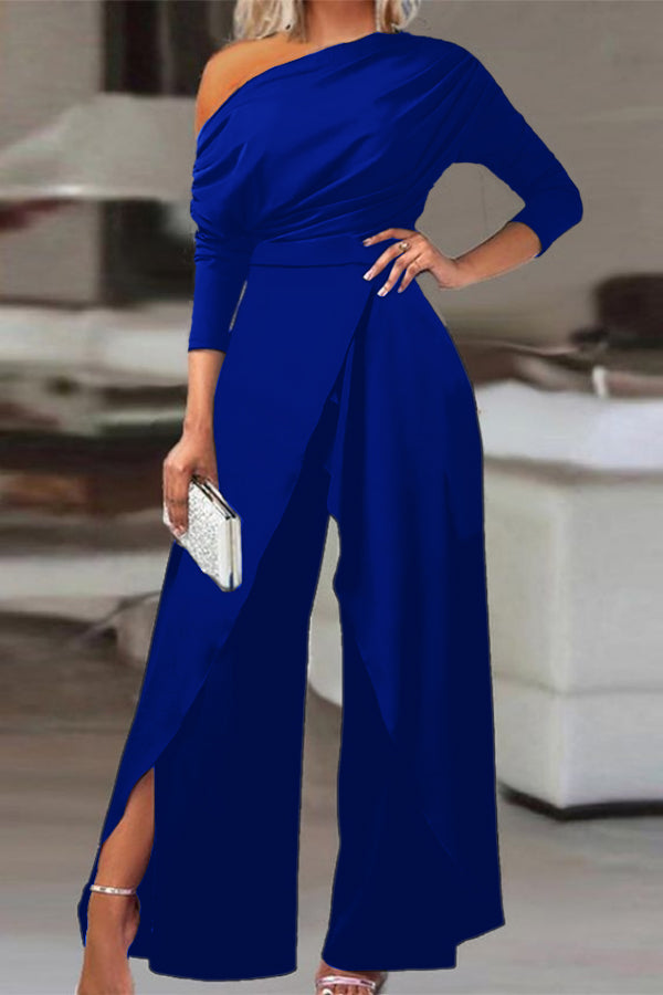 Koscy Chic Black Asymmetrical Wide-Leg Niche Daily Women's Jump Suit