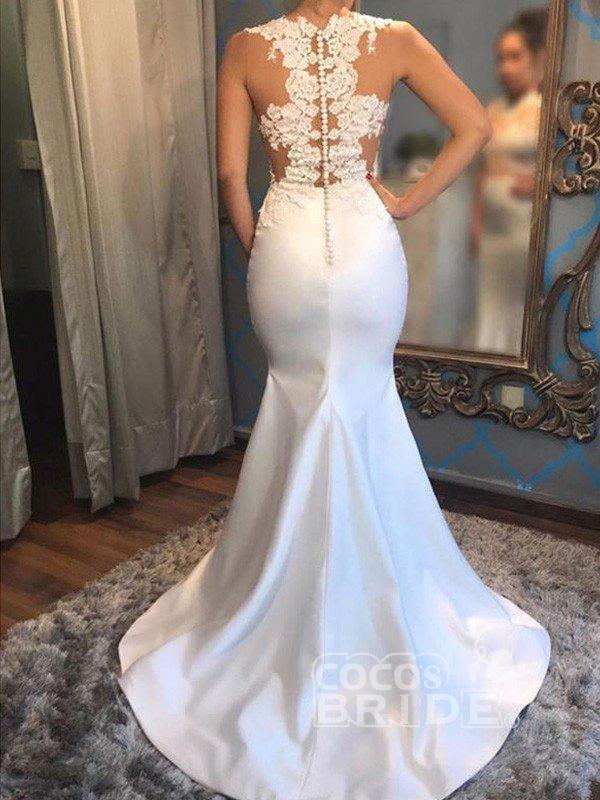 Bmbride Scoop Sleeveless Satin Applique Court Train Wedding Dresses