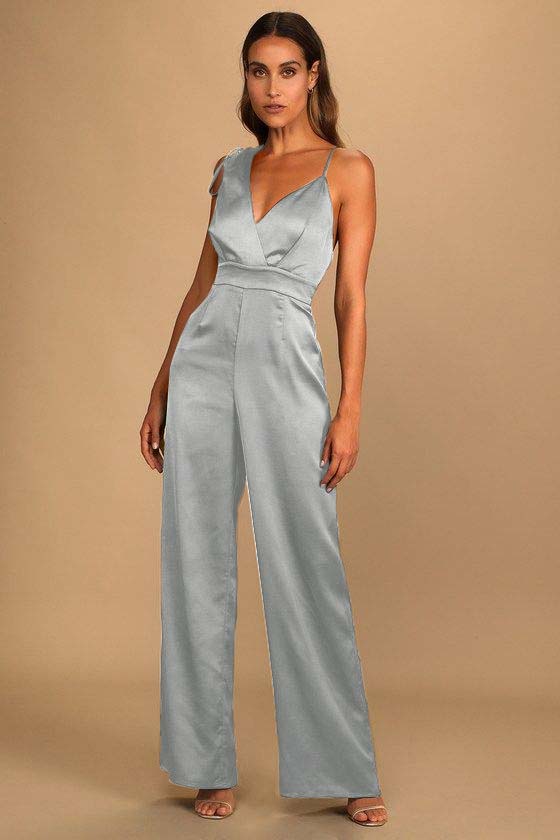 Koscy Retro Emerald Green Satin Asymmetrical Wide-Leg Jump Suit