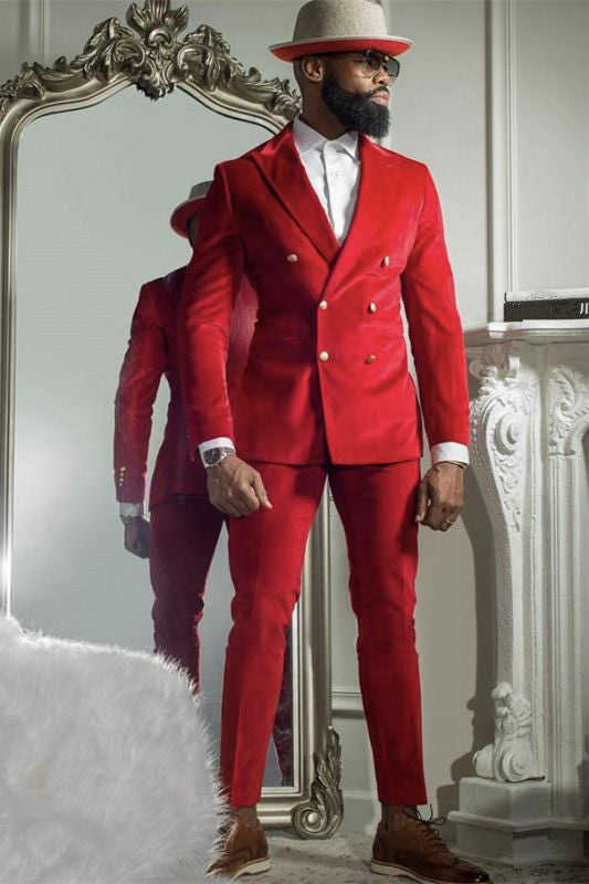 Koscy Bespoke Red Velvet Double Breasted Prince Suit for Groom with Peaked Lapel