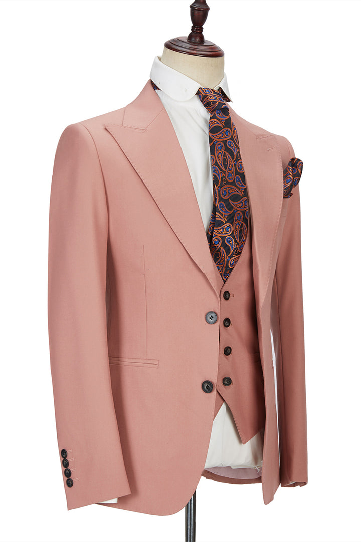 Koscy Pink Three-Piece Marriage Suit with Two Buttons and Peak Lapel for Men