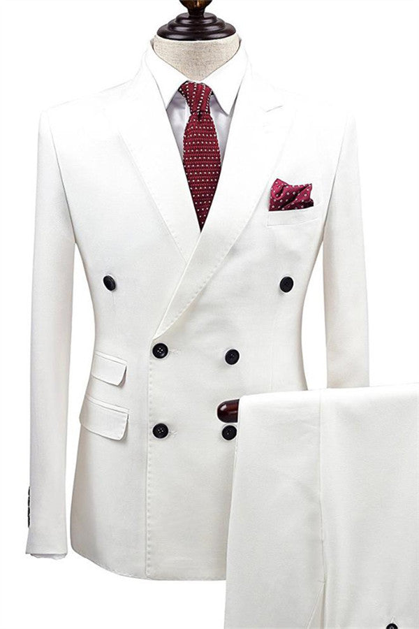 Koscy Handsome White Double-Breasted Two-Piece Wedding Suit for Men’s Parties