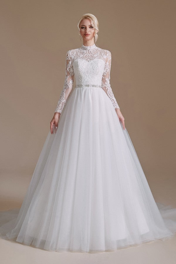 Bmbride A-line High Neck Long Sleeves Tulle Lace Wedding Dress