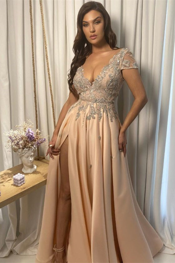 Champagne Lace V Neck Applique Split Prom Dress