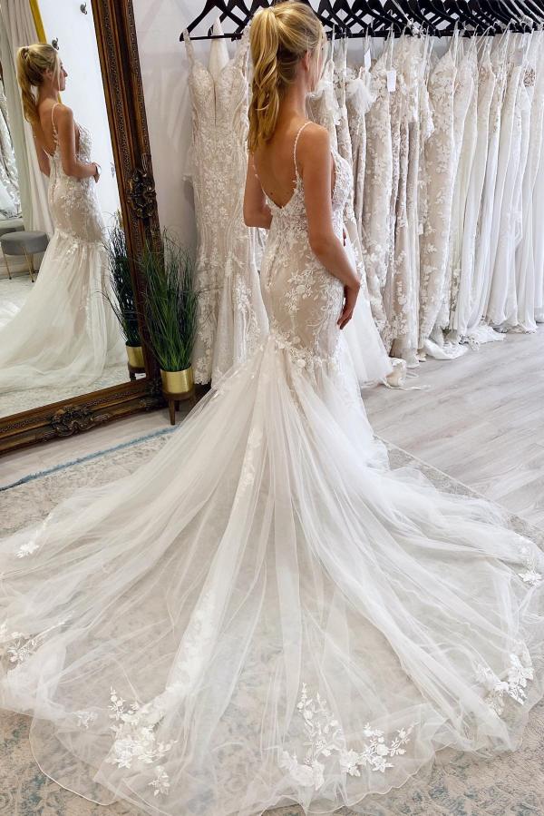 Bmbride Long Mermaid Spaghetti Straps V-neck Tulle Lace Backless Wedding Dress - Beautiful