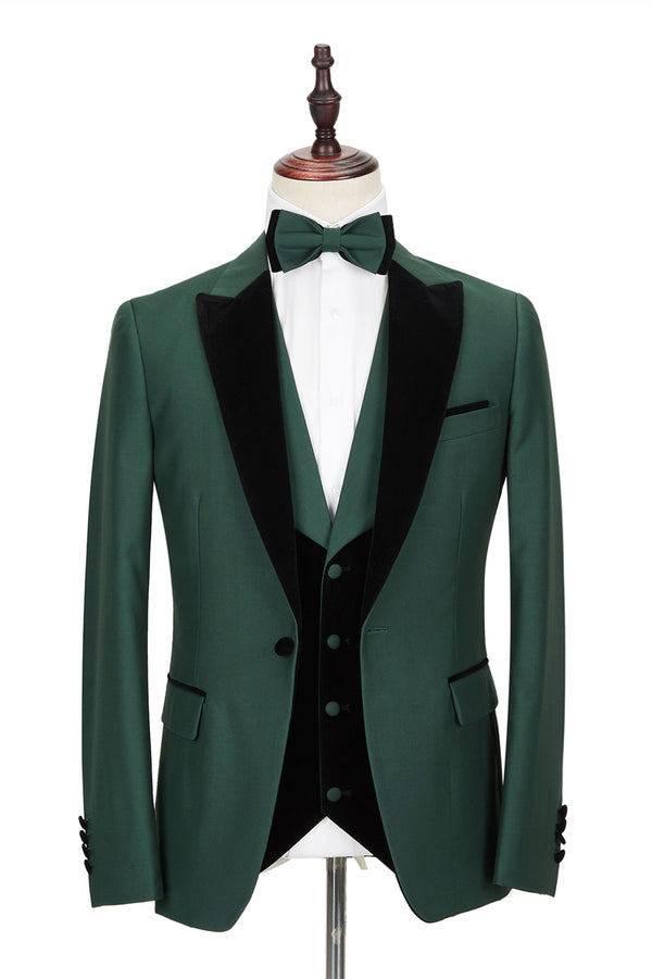 Koscy Black Peak Lapel Dark Green Wedding Suit with Velvet Edging