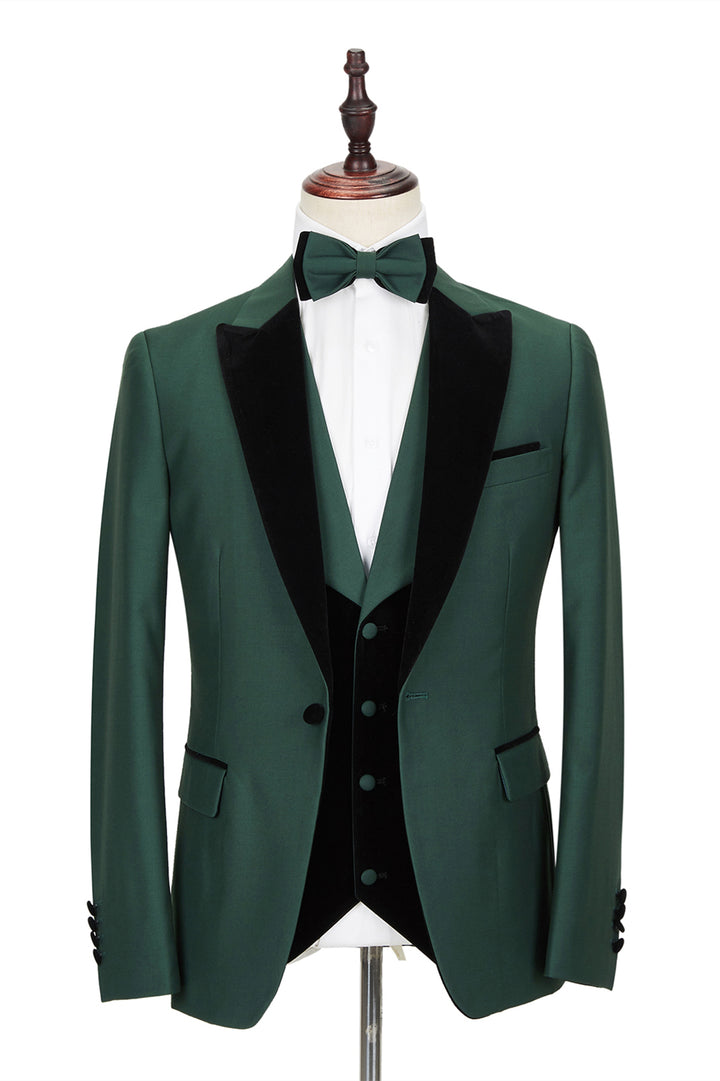 Koscy Black Peak Lapel Dark Green Wedding Suit with Velvet Edging