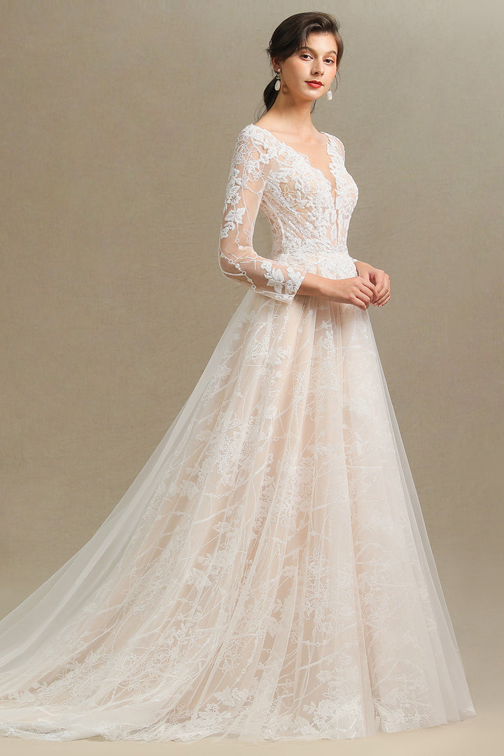 Bmbride Sheer Tulle Long Sleeve A-line Illusion Lace Wedding Dress - CPH230