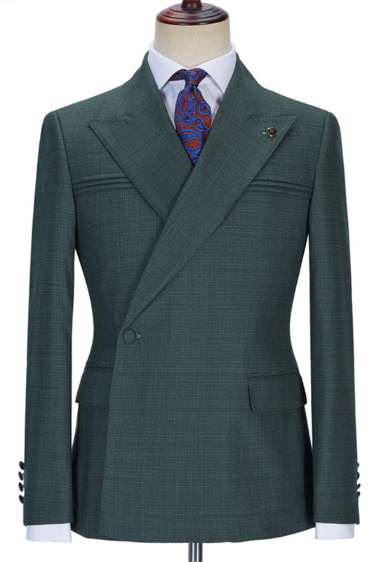 Koscy Glamorous Dark Green Peaked Lapel Wedding Suit with Ruffles