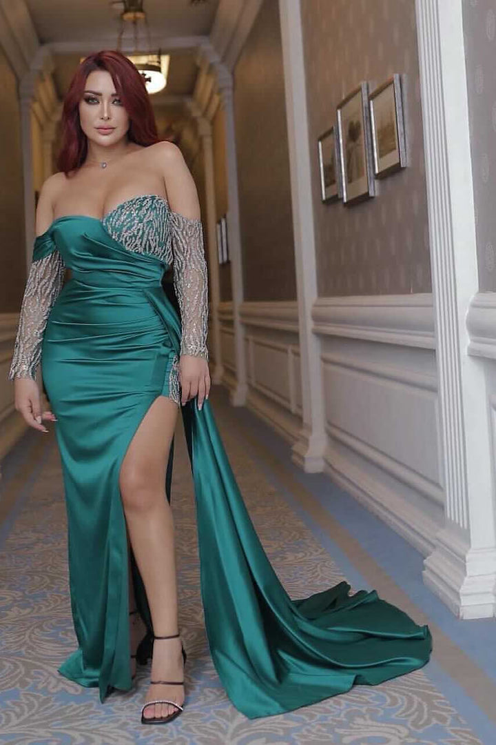 Emerald Vintage Long Sleeves Mermaid Off-The-Shoulder Prom Dress with Beadings and Split