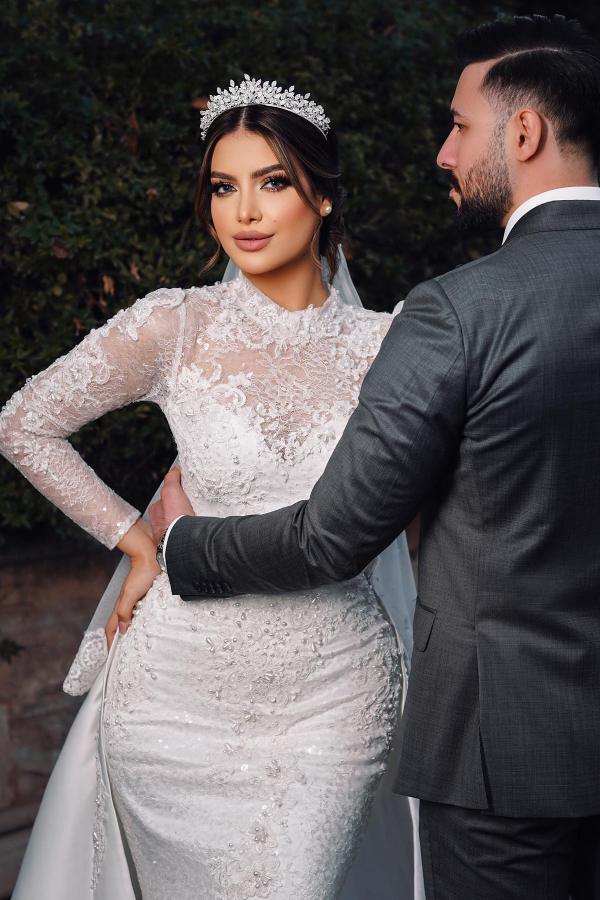 Bmbride Long Sleeves High Neck Satin Lace Wedding Dresses with Chapel Train