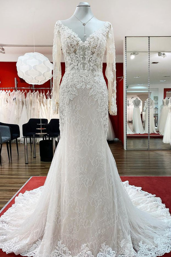 Bmbride Modest Long Mermaid Sweetheart Tulle Lace Wedding Dress with Sleeves