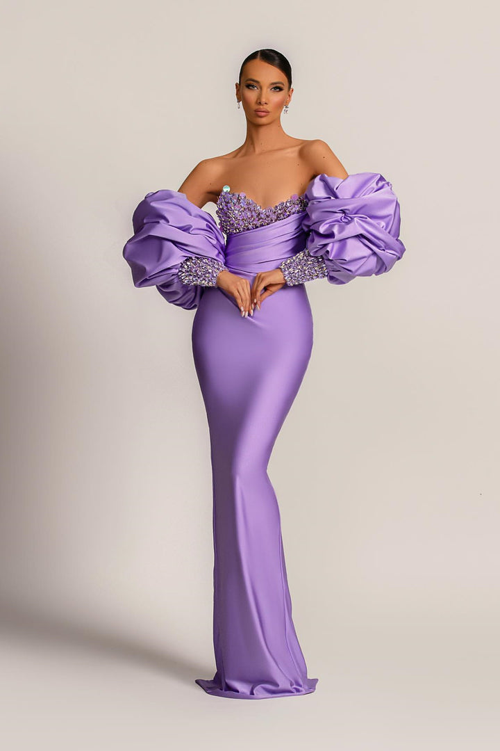 Mermaid Prom Dress with Purple Bubble Sleeves