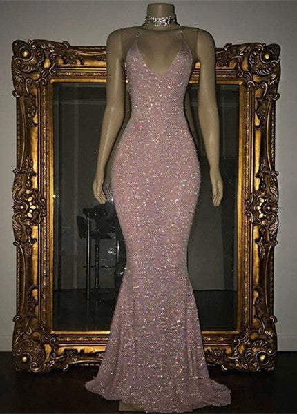 Sequinned V-Neck Halter Mermaid Evening Dress