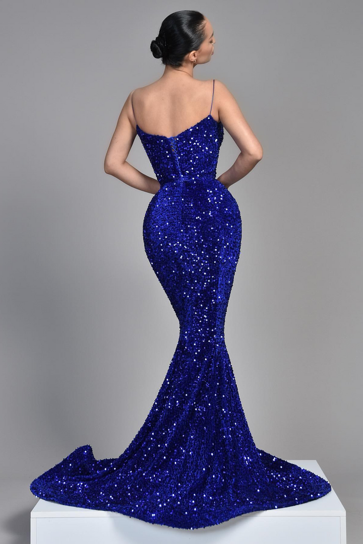 Sleeveless Spaghetti Strap Royal Blue Sequins Evening Dress