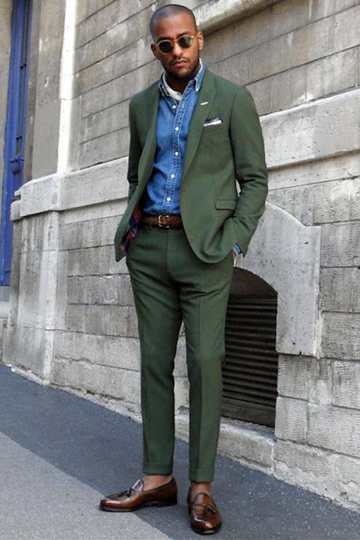 Koscy Elegant Dark Green Peaked Lapel Wedding Suit for Men