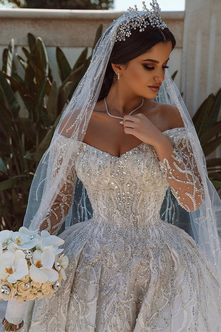 Bmbride Exquisite Sequin Long Sleeve Satin Ball Gown Bridal Dress