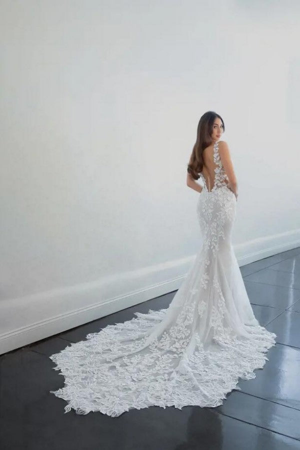 Bmbride Long Elegant Mermaid Tulle Lace V-neck Backless Wedding Dresses