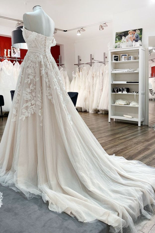 Bmbride Beautiful Long A-line Off-the-shoulder Tulle Lace Appliques Bridal Gown