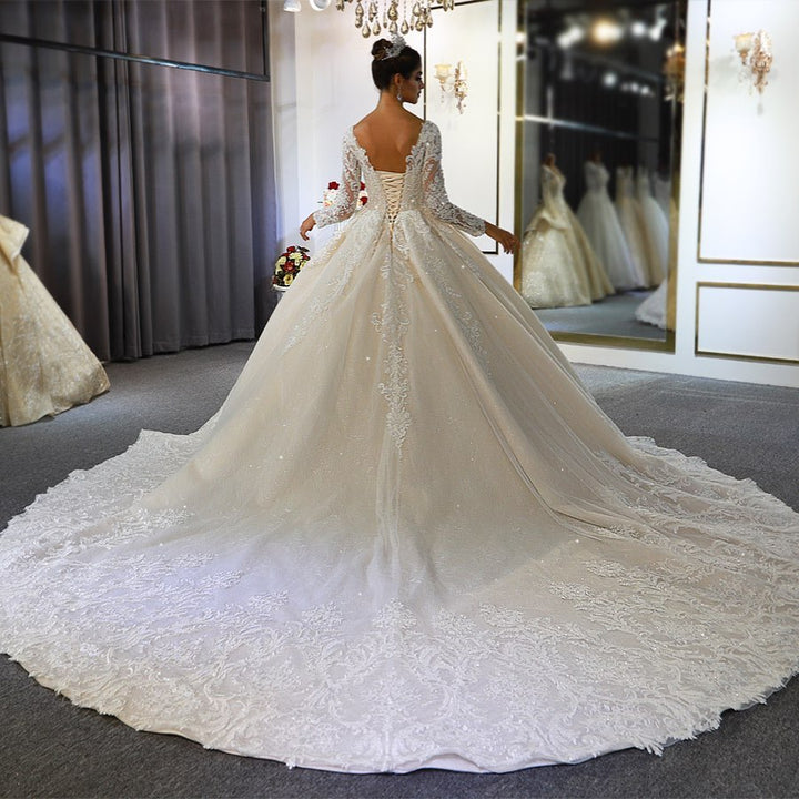Bmbride Elegant Train A-Line Sweetheart Backless Long Sleeve Appliques Lace Sequins Bridal Gown