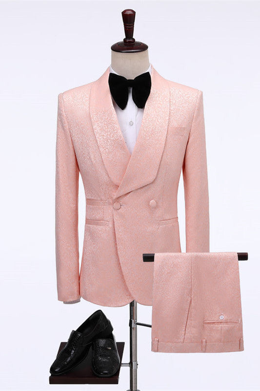 Koscy Pink Jacquard Double-Breasted Shawl Lapel Wedding Suit