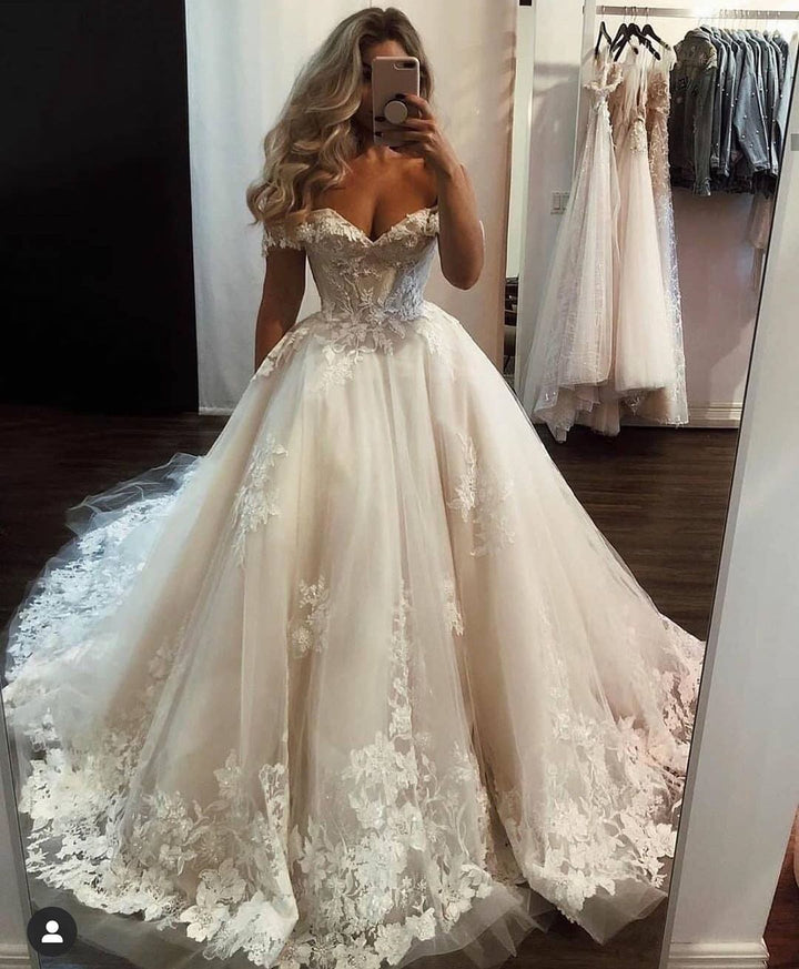 Bmbride Luxurious Long A-line Off-the-shoulder Tulle Lace Wedding Dress