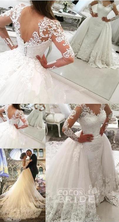 Bmbride Ivory V-Neck Long Sleeves Appliques Watteau Train Wedding Dress