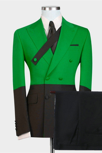 Koscy Modern Green and Black Evening Suit with Peaked Lapel and Double Breasted Design