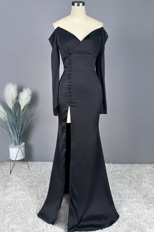 Okdais Elegant Prom Dress Long Black V Neck Off-shoulder High Slit