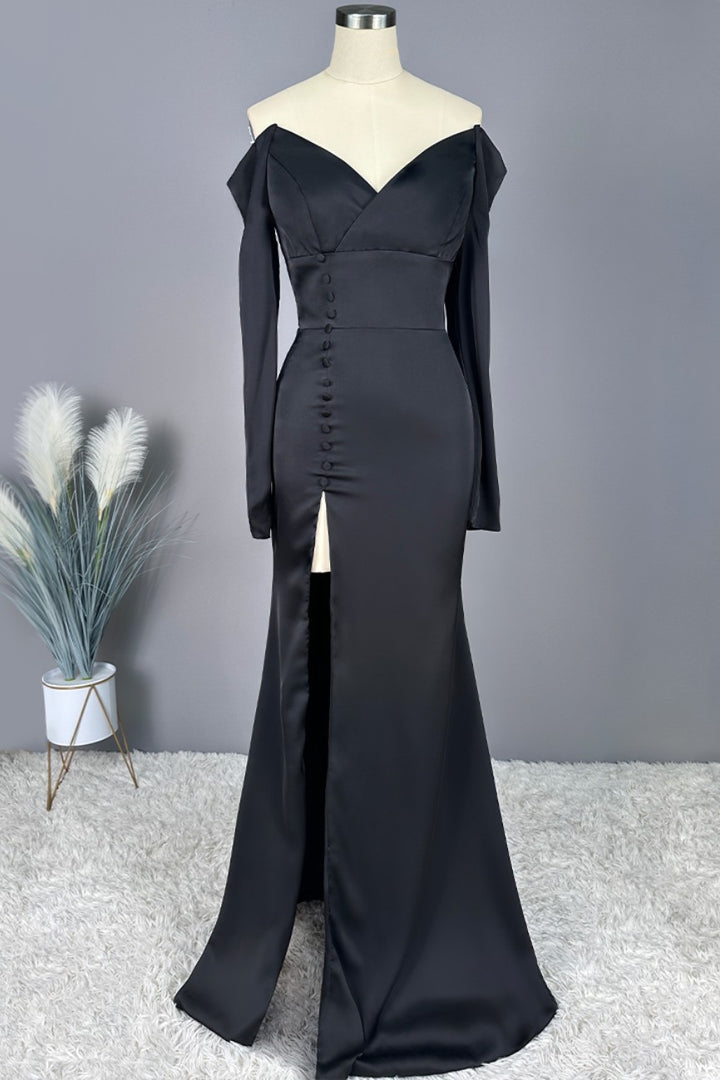 Okdais Elegant Prom Dress Long Black V Neck Off-shoulder High Slit