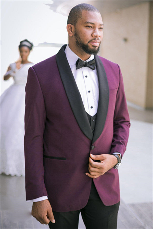 Koscy Fashionable Purple Three-Piece Wedding Suit with Black Lapel
