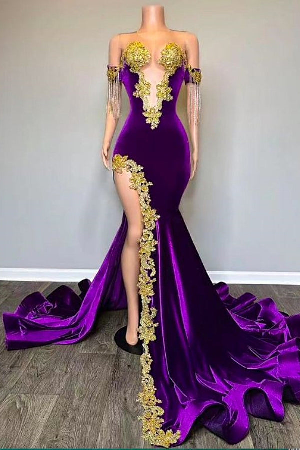 Robe de bal sirène en velours avec appliques dorées et décolleté en V