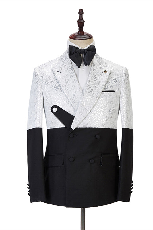 Koscy Handsome Black and White Jacquard Marriage Blazer Suit with Peaked Lapel