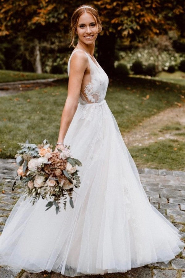 Bmbride Deep V-neck A-Line Open Back Tulle Floor-length Floral Wedding Dress