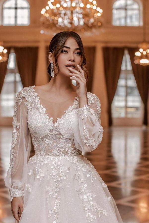 Bmbride V-neck Long Sleeves A-Line Chapel Train Wedding Dress with Appliques